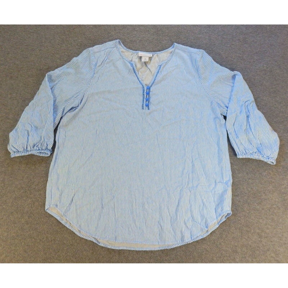 Liz Claiborne Womens Shirt Medium Blue White Stripe VNeck Button Puff Sleeve